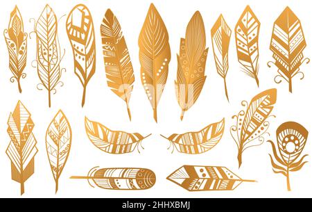 Golden Luxury Tribal Feathers Set. Gold Boho ethnische Sammlung isoliert Stock Vektor