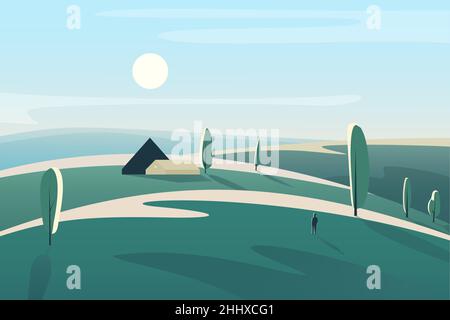Schöne Landschaft mit Dorfhaus in den Feldern Wiesen abstrakt minimalistischen Vektor-Illustration Stock Vektor