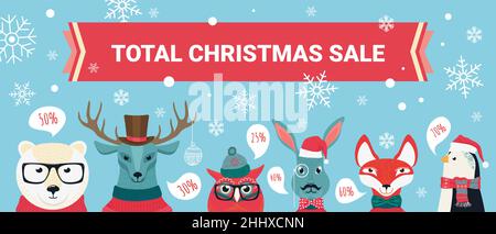 Weihnachten Verkauf Vektor Illustration. Cartoon Waldtier feiert Weihnachten, Winterferien Saison mit Rabatt-Angebot im Shop, Gutschein-Promotion Stock Vektor