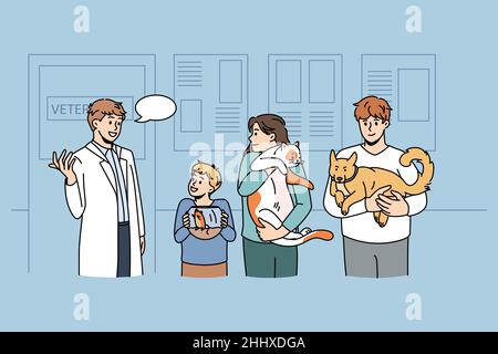 Arbeit als Tierarzt mit Tieren Konzept. Junger lächelnder Arzt Tierarzt steht und begrüßt Kunden mit Maus Katze und Hund auf Klinik Vektor Illustration Stock Vektor