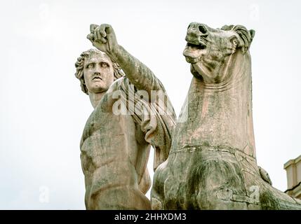 Detail der kolossalen antiken Skulptur der Pferdetamer, auf der Piazza del Quirinale, auf dem Quirinalhügel in Rom. Stockfoto