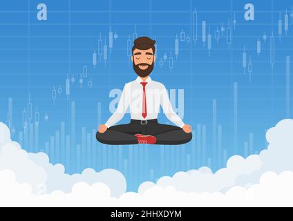 Geschäftsmann Händler meditieren in den Himmel. Meditative Geschäftsmann entspannen über Wolken mit Börse Diagramm-Charts Hintergrund Vektor Illustration Stock Vektor