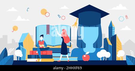 Lesen Sie Bücher, Bildung Konzept Vektor Illustration. Zeichentrickfilm Student Charakter Lesen offene Buch und Lehrbuch für das Studium und Schule, Hochschule oder Univer Stock Vektor