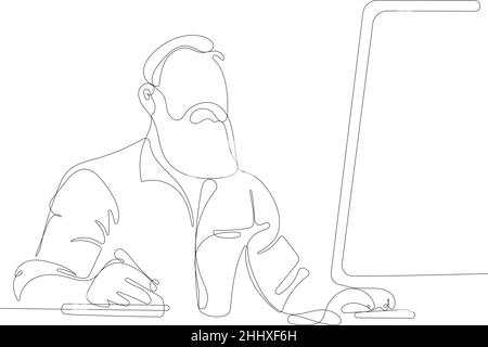 Junger bärtiger Mann, der an der Rezeption arbeitete Stock Vektor