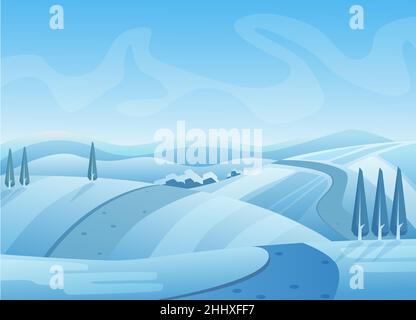 Vektor-Illustration für blaue Winterlandschaft. Verschneite Hügel mit Bäumen. Straße auf Schnee. Winter, kaltes Wetter. Ländliche Gegend unter dem Himmel. Malerisch, saisonal Stock Vektor