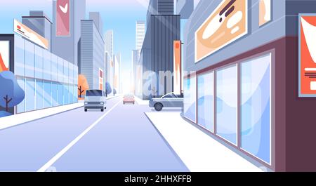 City Street Moderne Stadt Stadtbild Büro Wolkenkratzer Gebäude, Laden oder Stadthäuser, Autos auf der Straße Stock Vektor