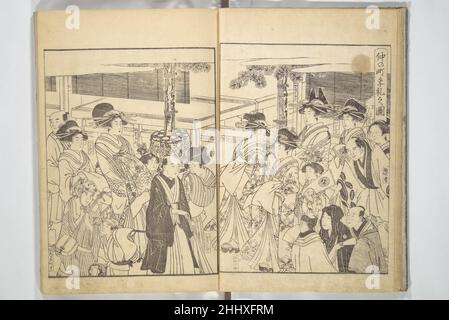 Yoshiwara Bilderbuch der Neujahrsfeierlichkeiten 1804 Kitagawa Utamaro Japanisch. Yoshiwara Bilderbuch der Neujahrsfeste. Kitagawa Utamaro (japanisch, ca. 1754–1806). Japan. 1804. Satz von zwei Büchern mit Holzschnitt; Tinte auf Papier. Edo-Zeitraum (1615–1868). Illustrierte Bücher Stockfoto