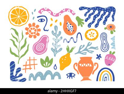 Bio-Blobs, tropische Früchte, Blätter, menschliches Gesicht und Korallen im matisse-Stil. Set von trendigen Doodle abstrakten Elementen. Bundle mit natürlichen Formen Stock Vektor