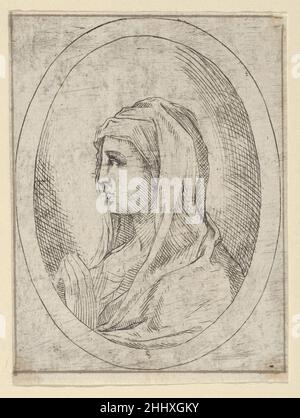 Die Jungfrau im Gebet, im Profil nach links, in einem ovalen Rahmen, aus „Christus, die Jungfrau und die dreizehn Apostel“ 1600–1640 Anonym, 17th Jahrhundert von Christus, der Jungfrau und den dreizehn Aposteln, eine Serie von fünfzehn Büsten in ovalen Rahmen, gedruckt von einer Platte nach Reni. Braune Tinte um den äußeren Rand des Blechs gezeichnet. Die Jungfrau im Gebet, im Profil nach links, in einem ovalen Rahmen, aus 'Christus, die Jungfrau und dreizehn Apostel' 396978 Stockfoto
