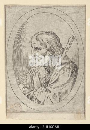 Hl. Jude im Gebet, im Profil nach links mit einem Stab, der auf seiner Schulter in einem ovalen Rahmen liegt, von Christus, der Jungfrau, And Thirteen Apostles 1600–1640 Anonymous, 17th Century from Christ, the Virgin and Thirteen Apostles, eine Serie von fünfzehn Büsten in ovalen Rahmen, gedruckt von einem Teller, nach Reni. Braune Tinte um den äußeren Rand des Blechs gezeichnet. Hl. Jude im Gebet, im Profil nach links mit einem Stab, der auf seiner Schulter in einem ovalen Rahmen liegt, von Christus, der Jungfrau und den dreizehn Aposteln 397005 Stockfoto