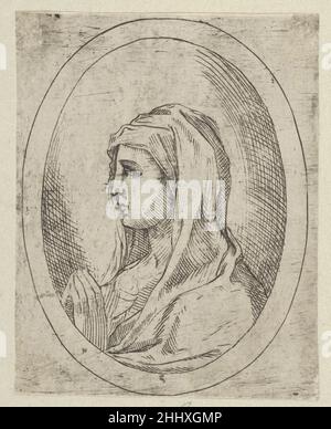 Die Jungfrau im Gebet, im Profil nach links, in einem ovalen Rahmen, von Christus, der Jungfrau und den dreizehn Aposteln 1600–1640 Anonym, 17th Jahrhundert von Christus, der Jungfrau und den dreizehn Aposteln, eine Serie von fünfzehn Büsten in ovalen Rahmen, gedruckt von einer Platte, nach Reni. Verso nicht sichtbar, da der Druck auf einem anderen Blatt Papier angebracht ist. Die Jungfrau im Gebet, im Profil nach links, in einem ovalen Rahmen, von Christus, der Jungfrau und den dreizehn Aposteln 396990 Stockfoto