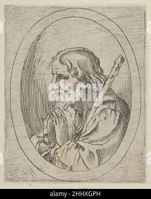 Hl. Jude im Gebet, im Profil nach links mit einem Stab, der auf seiner Schulter in einem ovalen Rahmen liegt, von Christus, der Jungfrau, And Thirteen Apostles 1600–1640 Anonymous, 17th Century from Christ, the Virgin and Thirteen Apostles, eine Serie von fünfzehn Büsten in ovalen Rahmen, gedruckt von einem Teller, nach Reni. Verso nicht sichtbar, da der Druck auf ein anderes Blatt Papier gelegt wird. Hl. Jude im Gebet, im Profil nach links mit einem Stab, der auf seiner Schulter in einem ovalen Rahmen liegt, von Christus, der Jungfrau und den dreizehn Aposteln 396995 Stockfoto