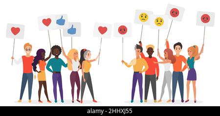 Menschen mit Emoji-Emotionen Poster flache Vektor-Illustration. Konzept der sozialen Zufriedenheit und Schichtung. Zornige und glückliche Gruppen von Menschen chara Stock Vektor