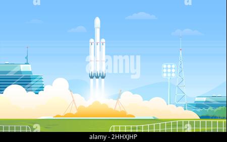 Abbildung des Raketenvektors starten. Cartoon flache Forschung Shuttle, schwere Raketenträger startet, Raumschiff-Station oder Raumschiff starten auf der Erde Stock Vektor
