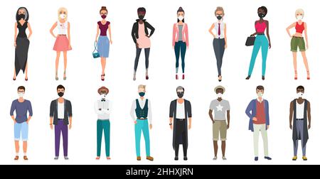 Menschen in stilvoller Mode Freizeitkleidung tragen Gesichtsmasken, um Krankheiten zu verhindern. Neuartige Coronavirus-Pandemie 2019-nCoV, COVID-19. Mann Frau in neuem Stil Stock Vektor