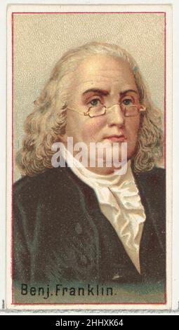 Benjamin Franklin, Druckermuster für das Souvenir-Album der World's Inventors (A25) für Allen & Ginter Cigarettes 1888, herausgegeben von Allen & Ginter American Printer's Samples für das Sammleralbum 'World's Inventors' (A25), das 1888 zur Werbung für Zigaretten der Marke Allen & Ginter herausgegeben wurde. Unter Berufung auf Burdicks „The American Card Catalog“: "Erinnerungsalben dieser Art, wie sie von den Tabakfirmen herausgegeben wurden, sollten wahrscheinlich die einzelnen Karten ersetzen, wenn der Raucher dies wünscht, oder ihm zumindest ermöglichen, die gesamte Sammlung von Designs zu besitzen, ohne die Schwierigkeit zu haben, alle Einteiler zu erhalten Stockfoto
