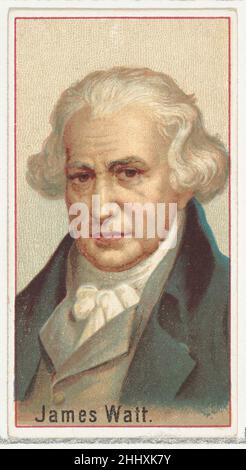 James Watt, Druckermuster für das World's Inventors Souvenir-Album (A25) für Allen & Ginter Cigarettes 1888, herausgegeben von Allen & Ginter American Printer's Samples für das Sammleralbum 'World's Inventors' (A25), das 1888 zur Werbung für Zigaretten der Marke Allen & Ginter herausgegeben wurde. Unter Berufung auf Burdicks „The American Card Catalog“: "Erinnerungsalben dieser Art, wie sie von den Tabakfirmen herausgegeben wurden, sollten wahrscheinlich die einzelnen Karten ersetzen, wenn der Raucher dies wünscht, oder ihm zumindest ermöglichen, die gesamte Sammlung von Designs zu besitzen, ohne die Schwierigkeit zu haben, das ganze einzelne Auto zu erhalten Stockfoto