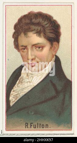 R. Fulton, Druckermuster für das Souvenir-Album der World's Inventors (A25) für Allen & Ginter Cigarettes 1888, herausgegeben von Allen & Ginter American Printer's Samples für das Sammleralbum 'World's Inventors' (A25), das 1888 zur Werbung für Zigaretten der Marke Allen & Ginter herausgegeben wurde. Unter Berufung auf Burdicks „The American Card Catalog“: "Erinnerungsalben dieser Art, wie sie von den Tabakfirmen herausgegeben wurden, sollten wahrscheinlich die einzelnen Karten ersetzen, wenn der Raucher dies wünscht, oder ihm zumindest ermöglichen, die gesamte Sammlung von Designs zu besitzen, ohne die Schwierigkeit zu haben, alle individuellen Karten zu erhalten Stockfoto