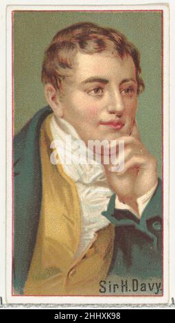 Sir H. Davy, Druckermuster für das World's Inventors Souvenir-Album (A25) für Allen & Ginter Cigarettes 1888, herausgegeben von Allen & Ginter American Printer's Samples für das Sammleralbum 'World's Inventors' (A25), das 1888 zur Werbung für Zigaretten der Marke Allen & Ginter herausgegeben wurde. Unter Berufung auf Burdicks „The American Card Catalog“: 'Erinnerungsalben dieser Art, wie sie von den Tabakfirmen herausgegeben wurden, sollten wahrscheinlich die einzelnen Karten ersetzen, wenn der Raucher dies wünscht, oder ihm zumindest ermöglichen, die gesamte Sammlung von Designs zu besitzen, ohne die Schwierigkeit zu haben, alle individuellen Ca zu erhalten Stockfoto