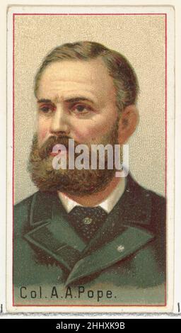 Colonel A. A. Pope, Druckermuster für das Souvenir-Album der Erfinder der Welt (A25) für Allen & Ginter Cigarettes 1888, herausgegeben von Allen & Ginter American Printer's Samples für das Sammleralbum 'World's Inventors' (A25), das 1888 zur Werbung für Zigaretten der Marke Allen & Ginter herausgegeben wurde. Unter Berufung auf Burdicks „The American Card Catalog“: "Erinnerungsalben dieser Art, wie sie von den Tabakfirmen herausgegeben wurden, sollten wahrscheinlich die einzelnen Karten ersetzen, wenn der Raucher dies wünscht, oder ihm zumindest ermöglichen, die gesamte Sammlung von Designs zu besitzen, ohne die Schwierigkeit zu haben, alle Divi zu erhalten Stockfoto