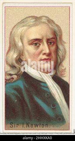 Sir Isaac Newton, Druckermuster für das Souvenir-Album der Erfinder der Welt (A25) für Allen & Ginter Cigarettes 1888, herausgegeben von Allen & Ginter American Printer's Samples für das Sammleralbum 'World's Inventors' (A25), das 1888 zur Werbung für Zigaretten der Marke Allen & Ginter herausgegeben wurde. Unter Berufung auf Burdicks „The American Card Catalog“: „Erinnerungsalben dieser Art, wie sie von den Tabakfirmen herausgegeben wurden, sollten wahrscheinlich die einzelnen Karten ersetzen, wenn der Raucher dies wünscht, oder ihm zumindest ermöglichen, die gesamte Sammlung von Designs zu besitzen, ohne die Schwierigkeit zu haben, den ganzen Individer zu erhalten Stockfoto