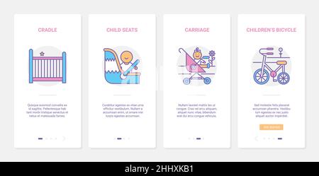 Vektor-Illustration für Babytransportzubehör. UX, UI Onboarding Mobile App Page Screen Set mit Babyartikeln, Kinderwagen, Kinderautositz, bic Stock Vektor