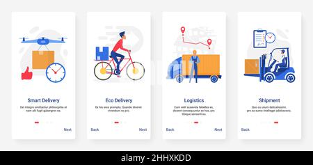 Lieferlogistik, Versandtechnik durch verschiedene Transportfahrzeug-Vektordarstellung. Mobile App-Seite Onboard-Bildschirm mit Cartoon flat Kurier gesetzt Stock Vektor