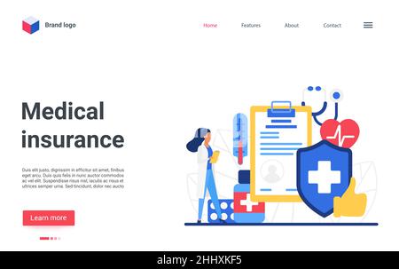 Cartoon Landing-Page-Website-Design mit Versicherer oder Arzt Figur steht in der Nähe von Vertragsdokument Form. Medizin Gesundheitstechnologie flaches Konzept Stock Vektor