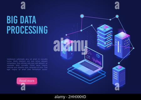 Big Data Verarbeitung und Analyse Landing Page Vektor Vorlage. Analytics-Datenserver, Server Room Banner, Web-Hosting-Konzept, Ultraviolett isometrisch Stock Vektor