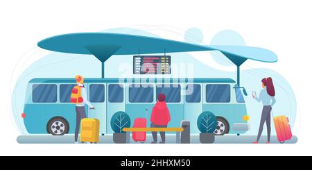 Menschen warten Bus flache Vektor-Illustration. Passagiere an der Station Zeichentrickfiguren. Touristen mit Koffern am Bahnsteig. Reisende und Stadtpublikum Stock Vektor