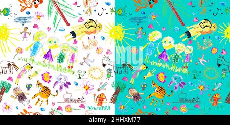 Nahtloser Hintergrund von Familienzeichnungen für Kinder. Vektorgrafik Stock Vektor