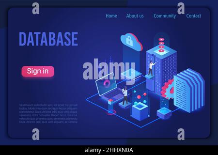 Datenbank, Datenspeicher dunkel Neon Licht isometrische Landing Page Vorlage Stock Vektor