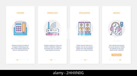 Haushaltsgeräte für Kommunikation und Unterhaltung Vektor Illustration. UX, UI Onboarding mobile App Seite Bildschirm mit Linie Wireless Internet symb Stock Vektor