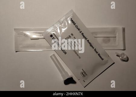 Bern, Schweiz, 2. Januar 2022: SARS-CoV-2 Rapid Antigen Test Nasal - Test Kit zur Diagnose des Corona-Virus. Stockfoto