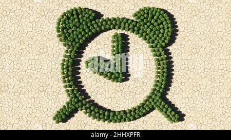 Konzept oder konzeptionelle Gruppe von grünen Waldbaum auf trockenem Boden Hintergrund, Wecker-Symbol. 3D Illustration Metapher für Zeit, Countdown Stockfoto