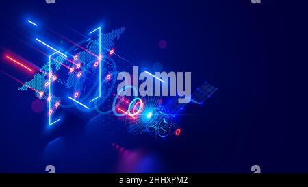 Satellitennetzwerk im Weltraumkonzept. Drahtlose Internet-Satellitentechnologie, Kommunikation. Abstraktes technisches Bild der globalen Telekommunikation Stock Vektor