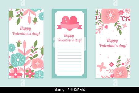 Alles Liebe zum Valentinstag Vektor Illustration Set. Cartoon niedlich kreative Liebe und Romantik Grußkarten-Kollektion mit liebevollen Herzen, florale Ornament von pi Stock Vektor