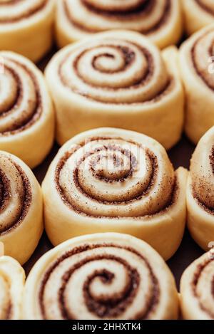 Rohe Zimtbrötchen oder Zimtbrötchen aus der Nähe, rohe Zimtbrötchen bereit zum Backen. Süße traditionelle Dessertbrötchen Stockfoto