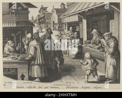 Neue Erfindungen der Neuzeit [Nova Reperta], die Erfindung der Brille, Platte 15 ca. 1600 Jan Collaert I Niederländischer fünfzehnter Teller aus einer Druckserie mit dem Titel Nova Reperta (New Inventions of Modern Times), bestehend aus einer Titelseite und 19 Tafeln, von Jan Collaert I nach Jan van der Straet, Stradanus genannt, graviert und bei Philips Galle veröffentlicht. Illustration von verschiedenen Menschen, die Brillen tragen. Diese Szene spielt sich draußen in einem scheinbar marktbestimmten Umfeld ab. Links versucht ein Mann eine Brille. Rechts schreibt ein Mann mit Brille in einem Buch, während eine Frau wi Stockfoto