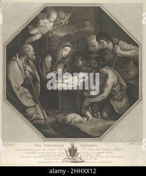 Das Jesuskind, das auf einer Holzkiste liegt, die Jungfrau, die vor ihm im Gebet kniet, der heilige Josef links, die Hirten rechts, in einem achteckigen Rahmen, Nach Reni 1783 gestochen von Jean-Baptiste Michel Französisch nach einem Gemälde von Reni, das sich damals in der Kirche San Domenico in Bologna befand. Verso ist nicht sichtbar, da der Druck auf ein anderes Blatt Papier gelegt wird. Das Jesuskind, das auf einer Holzkiste liegt, die Jungfrau, die vor ihm im Gebet kniet, der heilige Josef links, die Hirten rechts, in einem achteckigen Rahmen, nach Reni 668700 Stockfoto