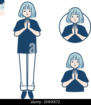 Eine Frau trägt ein großes T-Shirt mit Druckhänden in Gebetsbildern.Es ist Vektorgrafik, so dass es einfach zu bearbeiten ist. Stock Vektor