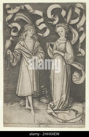 Der Falconer und die Dame, aus der Serie Szenen des täglichen Lebens ca. 1495 Israelhel van Meckenem Deutsch Diese Darstellung höflicher Liebe ist die raffinierteste in der Reihe von Stichen Israels, die den amourösen Beziehungen zwischen verschiedenen Klassen gewidmet sind, vom ritterlichen bis zum lasziven. In der Bilderwelt des 15. Jahrhunderts wurde der edle Zeitvertreib der Falknerei traditionell mit Liebe verbunden. Hier hält sich ein Falke an die Hand eines elegant gekleideten Verliebten. Als seine Geliebte entmutig hinabblickt, wirft sie einen flüchtigen Blick in seine Richtung. Von ihrem Kopfschmuck entfaltet sich ein Tuch, das die Banderolen widerhallt Stockfoto