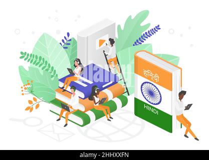 Online Hindi Sprachkurse isometrisch 3D Illustration. Fernunterricht, Fernschule, indische Universität. Sprache Internet-Klasse, Studenten readi Stock Vektor