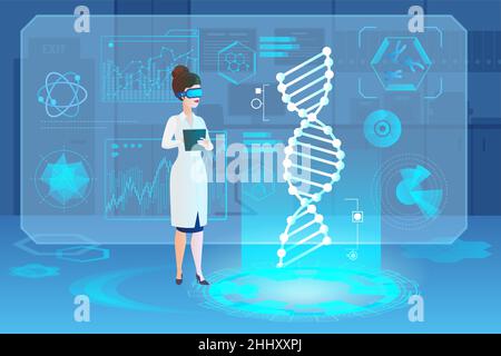 Medizinische Hologramm DNA Vektor Illustration. Mikrobiologie, genetische Biotechnologie, Genzelle. Wissenschaftler, die mit DNA arbeiten. Arzt, der Laboruntersuchungen macht Stock Vektor