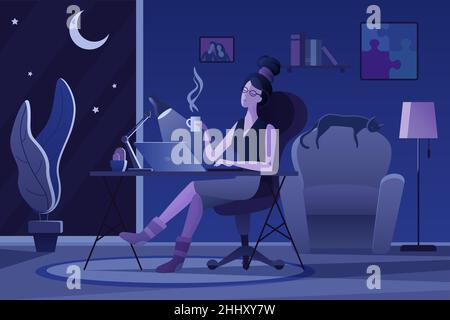 Flache Vektorgrafik für Freiberufler. Freiberuflich, Remote-Job, Home Office. Entspannter Designer, Texter arbeitet bei Nacht Zeichentrickfigur. Workaholic, Stock Vektor