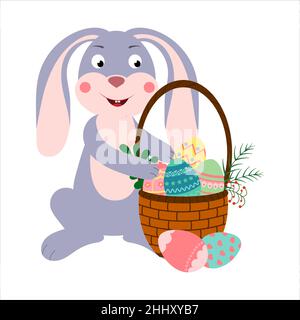Cartoon-Figur Osterhase Kaninchen mit einem Korb voller farbigen Ostereier. Vektor auf weißem Hintergrund isoliert Stock Vektor
