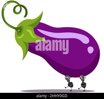 Niedliche zwei Ameisen, die eine Aubergine tragen Stockfoto