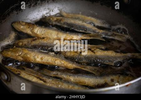 Gebratener Hering in einer Pfanne. Stockfoto