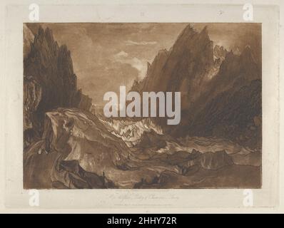 Mêr de Glace, Valley of Chamouni-Savoy (Liber Studiorum, Teil X, Platte 50) 23. Mai 1812 Joseph Mallord William Turner der Brite Turner destillierte seine Vorstellungen über Landschaft in 'Liber Studiorum' (Lateinisch für Buch der Studien), einer Serie von siebzig Drucken plus einem Frontispiz, das zwischen 1807 und 1819 veröffentlicht wurde. Dies ist einer der wenigen Fälle, in denen er die vorbereitenden Ätzlinien machte, dann den Ton entwickelte und mit Mezzotint ein Gletscherbild detailierte, das aus Skizzen in der Schweiz nahe dem St. Gothard-Pass entstand. Experimentell arbeitete er nur einen Teil der Platte, um die Darks, rath, zu erschaffen Stockfoto