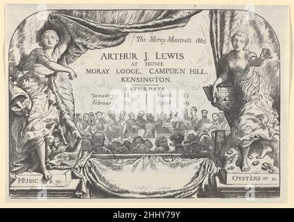 The Moray Minstrels (Einladungskarte von Arthur James Lewis) 1865 William Harcourt Hooper British Diese gedruckte Einladung wurde für den wohlhabenden Seidenhändler Arthur James Lewis erstellt, der vor seiner Ehe im Jahr 1867 regelmäßig männliche Freunde in Moray Lodge, seinem Haus auf Campden Hill, mit Blick auf den Londoner Holland Park, willkommen hieß. Einmal im Monat, zwischen Januar und März, versammelten sich am Samstagabend um 8:30 Uhr Sänger, um moderne und alte Werke aufzuführen; um elf Uhr wurden Austernspeisen serviert. Lewis war selbst ein Amateurkünstler, der dem Junior Etching Club beitrat und Londoner Künstler willkommen hieß Stockfoto